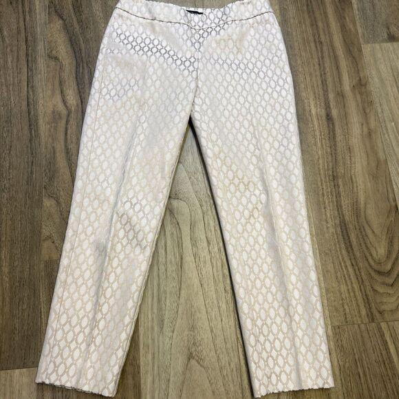 White House Black Market Pant sz 0 Ivory Gold Ankle Oval Trellis Pattern 28X25" - Picture 1 of 8